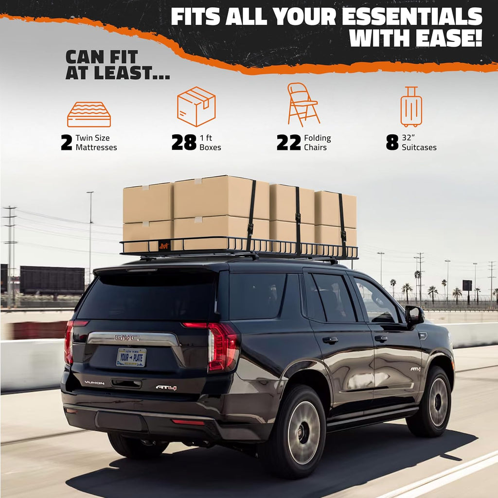 Mockins 90"x50"x6" XXL Heavy Duty Roof Rack Cargo Basket 2-Size Extendable | 250 Lbs Cap Steel Luggage Carrier for Car Rooftop Set w/ Straps| All-Weather Roof Cargo Carrier for SUV, RV, & Large Vehicles