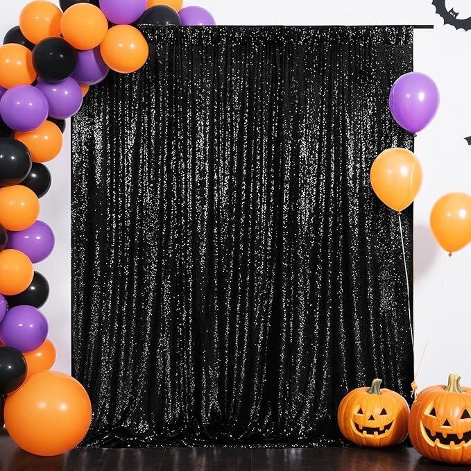Eternal Beauty Black Sequin Backdrop, 6x8 Ft Halloween Glitter Background Cur...