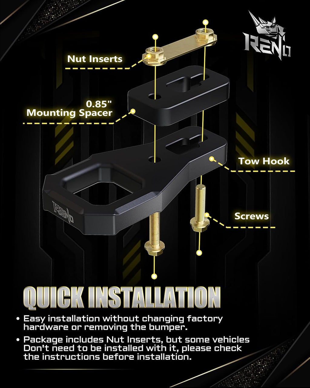 RENO Ranger Front Tow Hooks, Recovery Hook Compatible with 2019-2023 Ranger 4x4 4x2 Trucks - Replaces M-18954-RA M-18954-RAB (Aluminum,Black,2PCS)