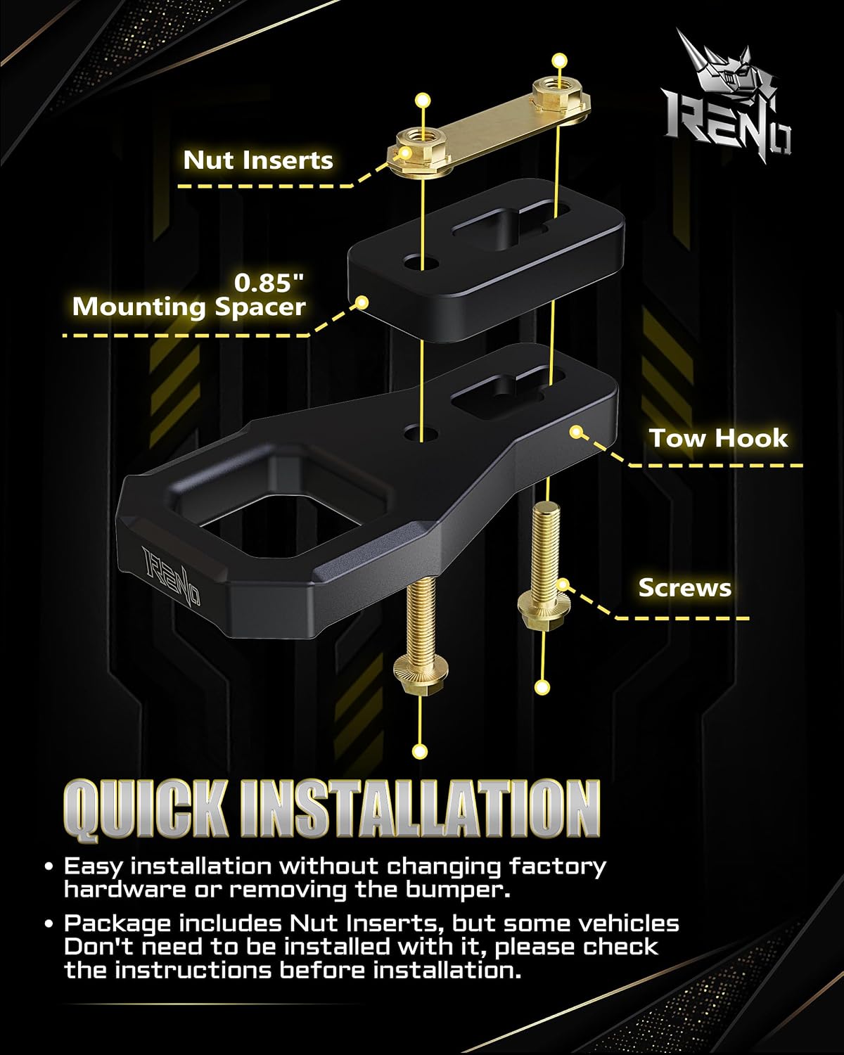 RENO Ranger Front Tow Hooks, Recovery Hook Compatible with 2019-2023 Ranger 4x4 4x2 Trucks - Replaces M-18954-RA M-18954-RAB (Aluminum,Black,2PCS)