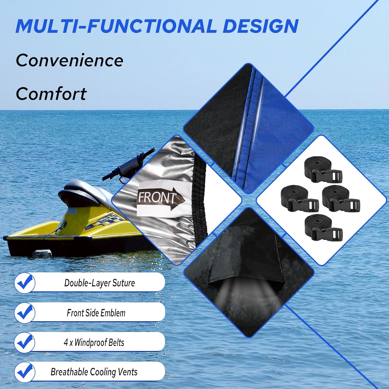 Waterproof Jet Ski Cover 2-3 Seater - Compatible with Yamaha Sea-Doo Kawasaki, 300D Trailerable PWC Cover Marine Grade UV Protection, Fit for 2-3 Seater Lengths 115'' to 120"（Blue）