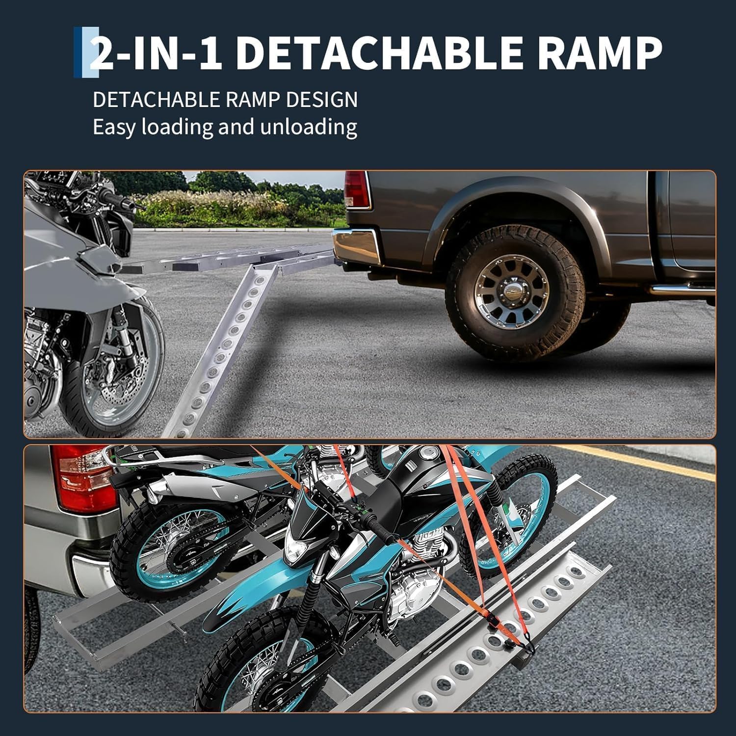 600 lbs Professional-Grade Motorcycle Hitch Carrier – 2 Inch Receiver Hitch Mount, Anti-Wobble Stabilization, Non-Slip Ramp, Tie-Down Straps, Dirt Bike & Motorcycle Trailer Transport