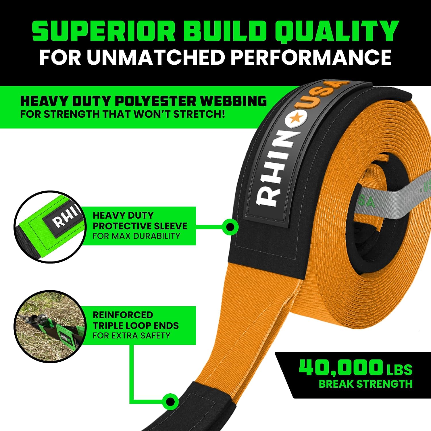 Rhino USA Tree Saver Tow Strap (4"x10') - 40,320lb Break Strength - Emergency Recovery Strap Winch Extension for Truck, UTV, ATV & More - Heavy Duty Straps Compatible with Jeep, Ford, Toyota (Orange)