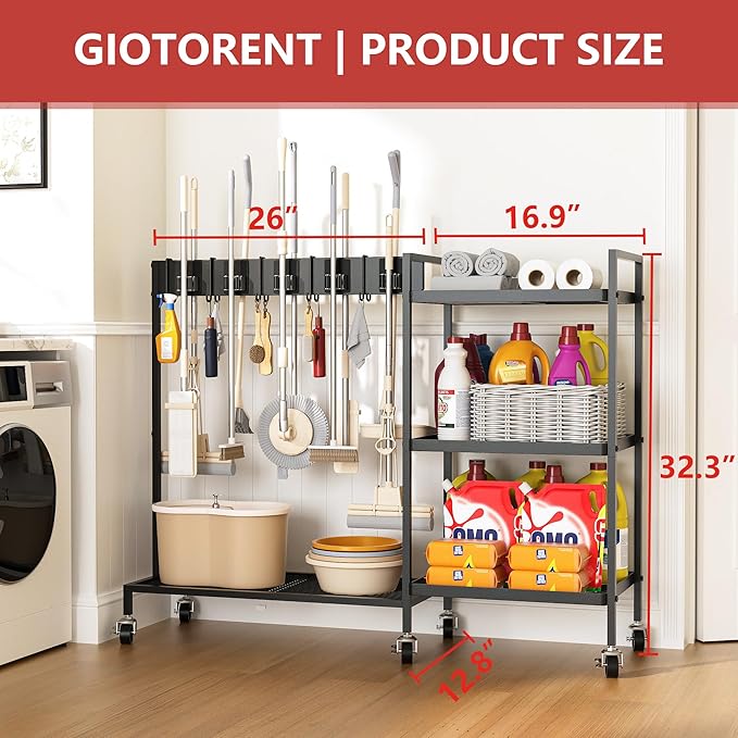 GIOTORENT Heavy Duty Metal Cleaning Cart - 300lb Capacity Rolling Broom Holder - Image 2