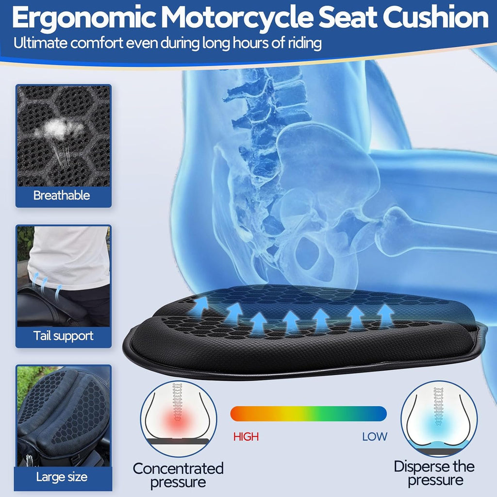 Motorcycle Gel Seat Cushion Large 3DHoneycomb Structure Shock Absorption Foldable & Breathable Motorcycle Gel Seat Pad for Long Rides