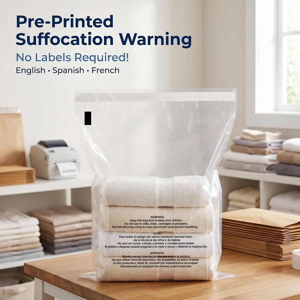 24” X 36” (100 Count) Self Seal Clear Poly Bags with Suffocation Warning