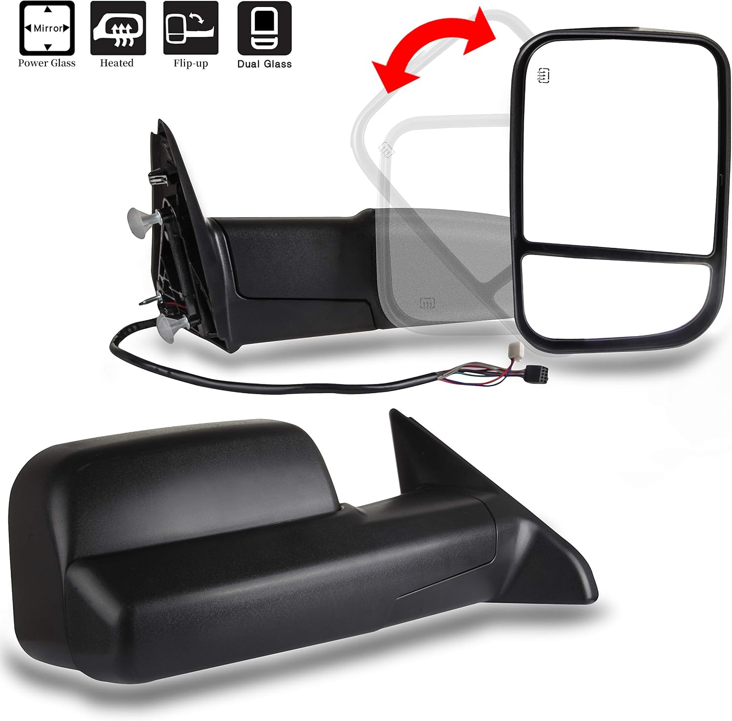 A Pair Heated Towing Mirrors Fits 2009-2015 for Dodge for Ram 1500 2010-2015 for Dodge for Ram 2500 3500 Pickup Truck, Power Adjusted View Mirror