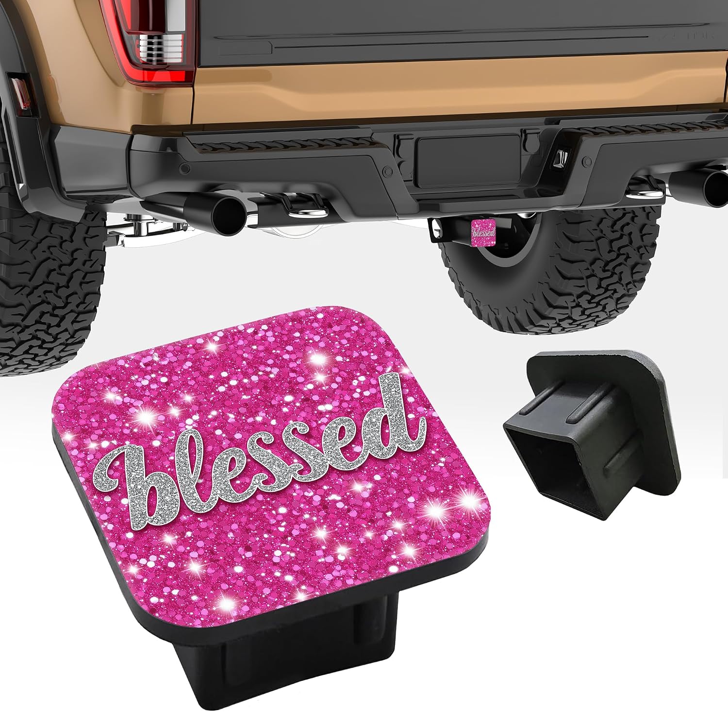 Hitch Receiver Cover 2" Pink Glittery Blessed Trailer Hitch Cover Tube Cap Rubber Universal 2 Inch Receiver Plug for Pickups Trucks Cars Suvs