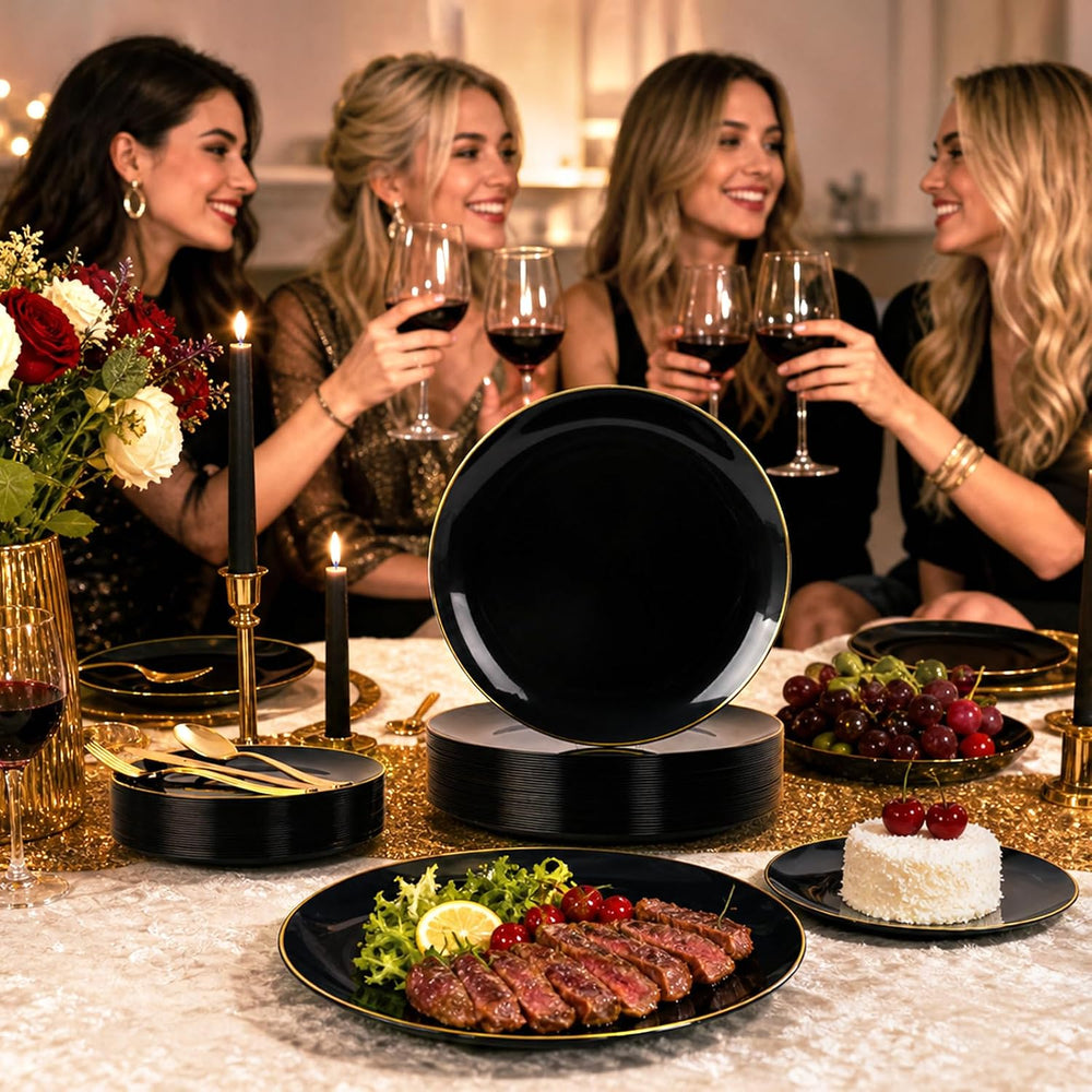 YOUBET 125PCS Black Plastic Plates with Gold Rim for Halloween