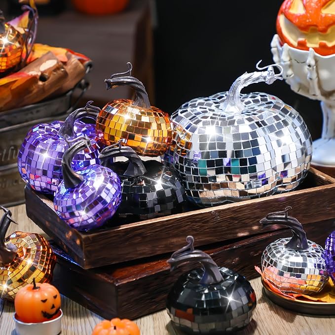 Lenwen 12 Pcs Artificial Disco Pumpkin Glitter Mirror Pumpkin for Decorating Fall Farmhouse Hanging Ornament Harvest Decor for Halloween Thanksgiving Table Centerpiece(Orange, Sliver, Black, Purple)