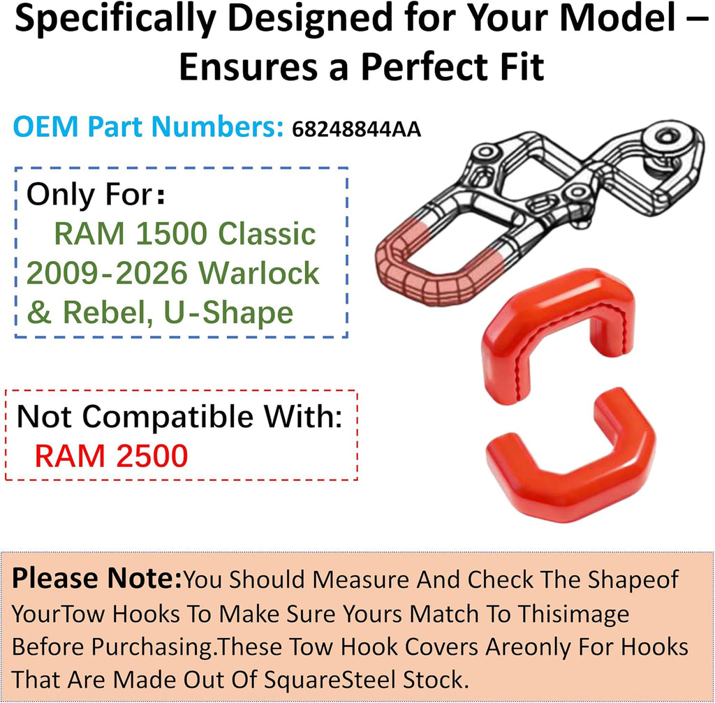 Tow Hook Covers for RAM 1500 Classic 2009-2026 Warlock Rebel, U-Shape, Thick Silicone Red