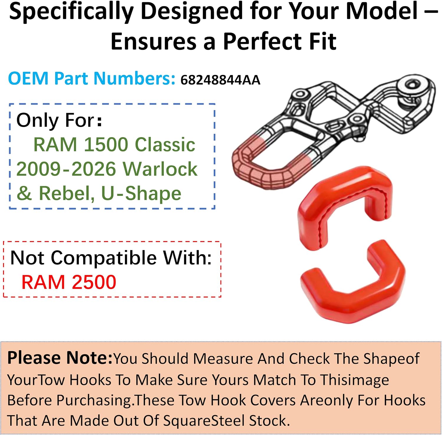 Tow Hook Covers for RAM 1500 Classic 2009-2026 Warlock Rebel, U-Shape, Thick Silicone Red