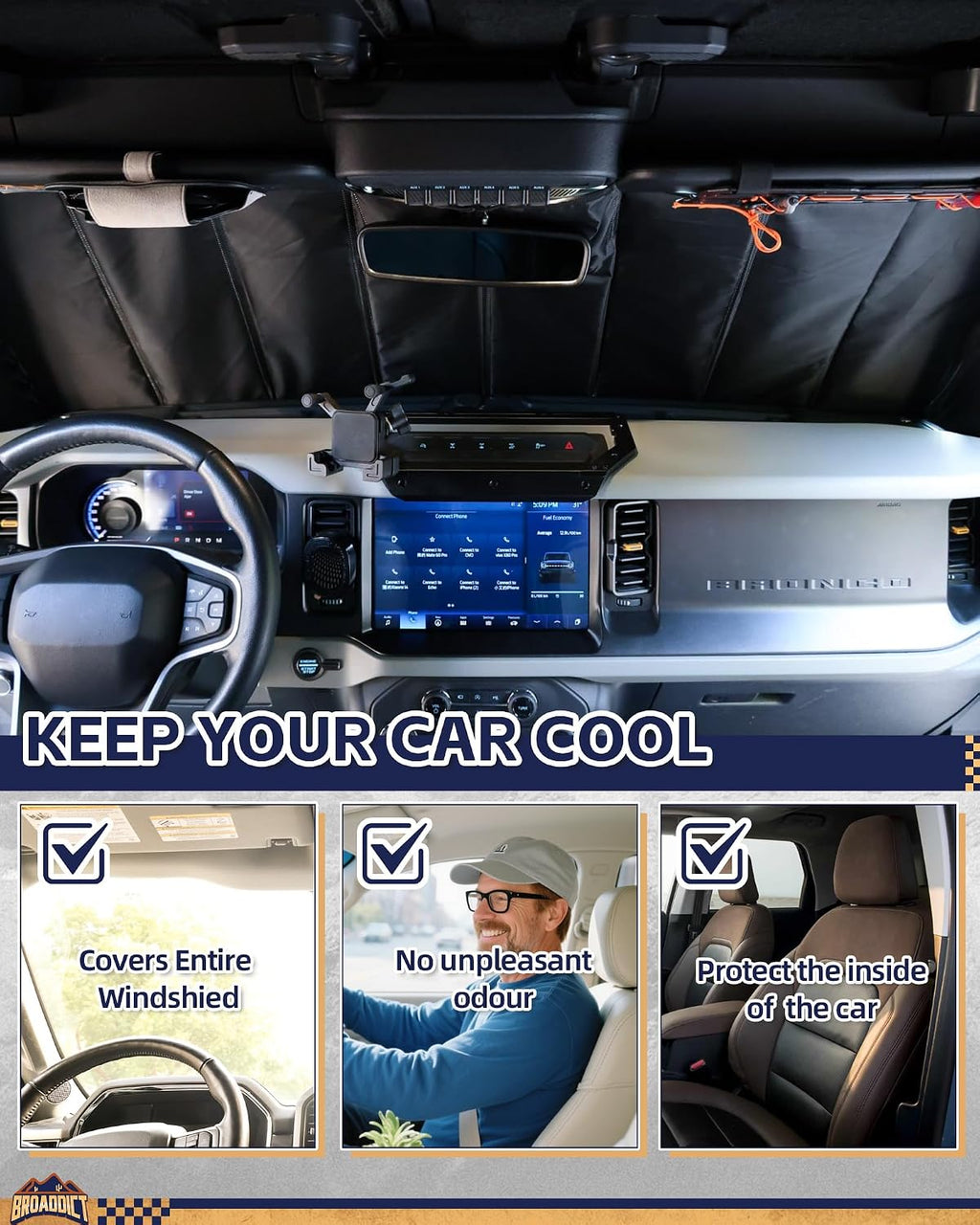 Custom Fit Windshield Sun Shade Fit for Ford Bronco 2021-2025 Foldable Front Sunshade Interior Protector, Complete Light & UV Blocking