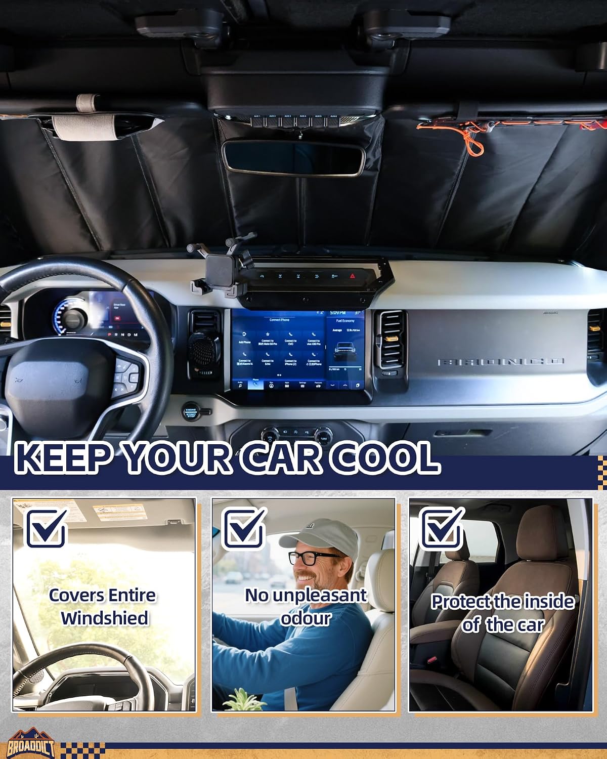 Custom Fit Windshield Sun Shade Fit for Ford Bronco 2021-2025 Foldable Front Sunshade Interior Protector, Complete Light & UV Blocking