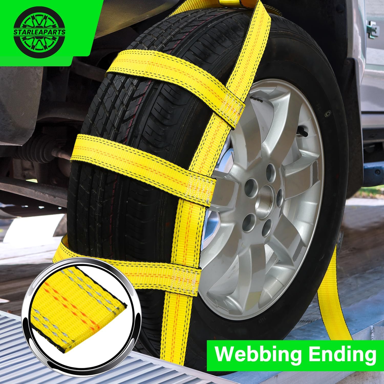 STARLEAPARTS Tow Dolly Straps, 2 Pack Tow Dolly Basket Straps with Flat Hook, Car Dolly Strap, 10,000 lbs Breaking Strength, Tire Bonnet with Carrying Bag Fits Most 14"-17" Tires (Yellow)