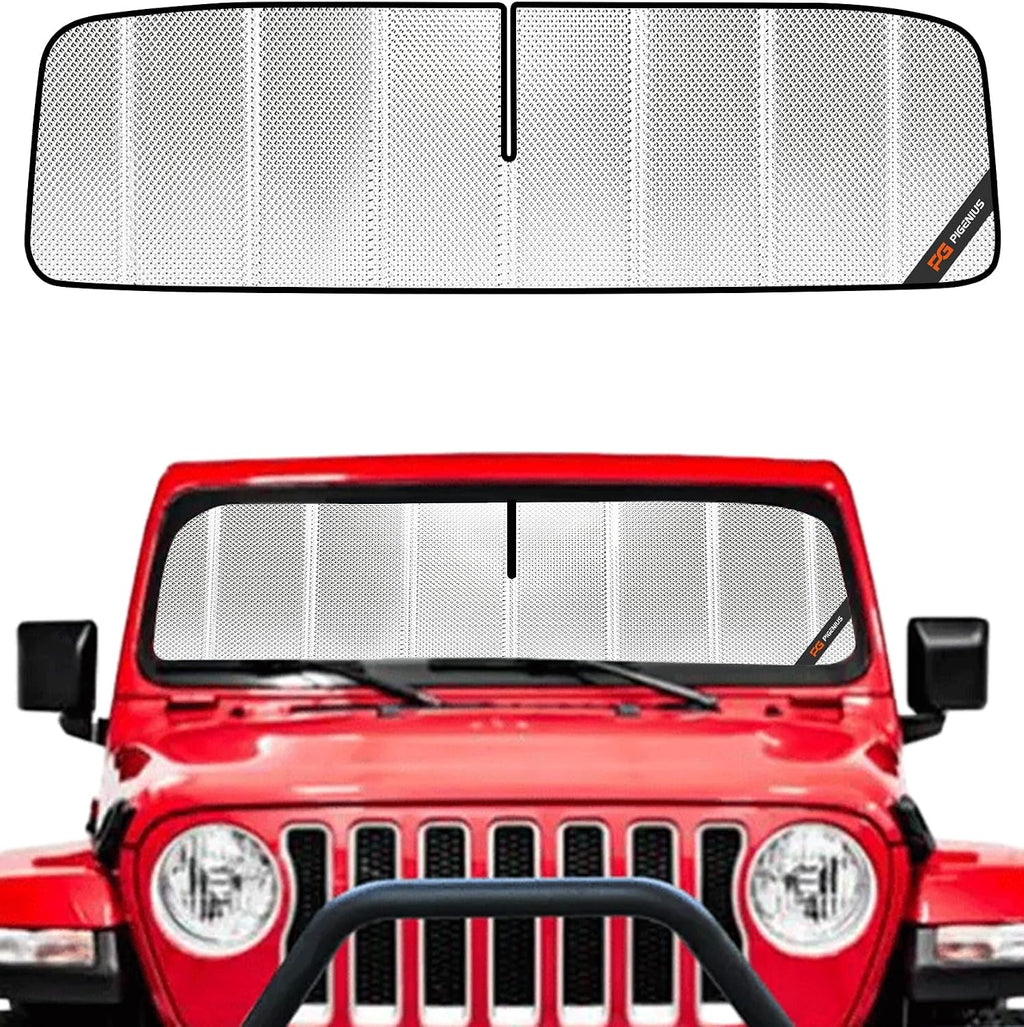 Pigenius Windshield Sun Shade for Jeep Wrangler 2018-2025; Jeep Gladiator 2020-2025. Full Coverage Rearview Mirror Shade for Ultimate Protection