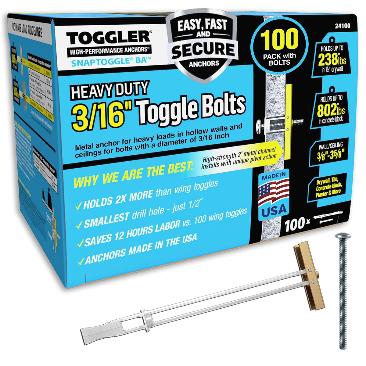 toggler snaptoggle toggle bolt 3/16-24 unc, 100 pack, main product view