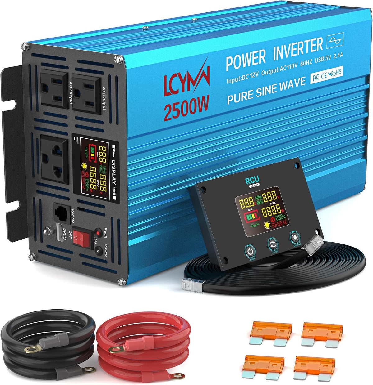 Power Inverter 2500 Watt Pure Sine Wave 12V DC to 110V/120V AC 5000W Peak