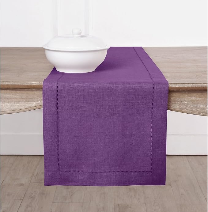 Solino Home Linen Purple Table Runner 72 Inches Long - 100% Pure Linen Hemsti...