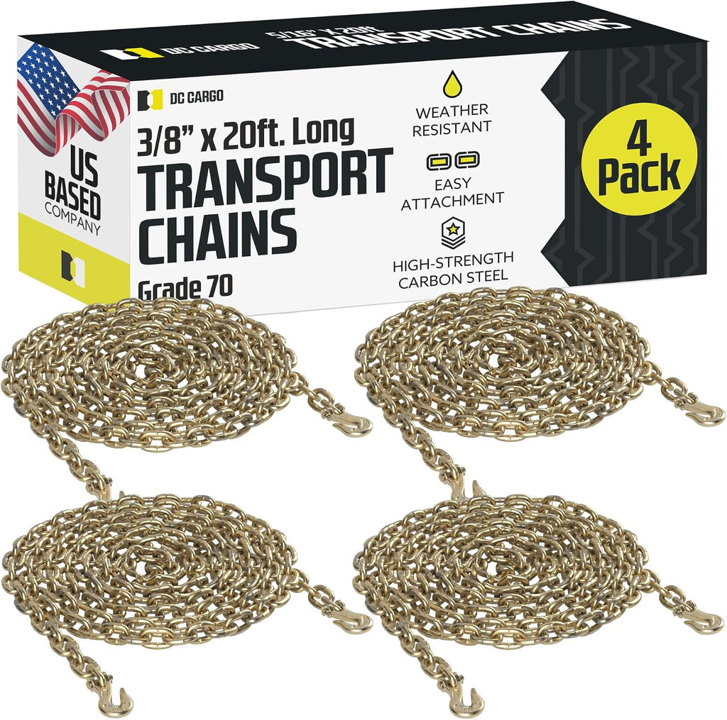 DC Cargo Tie Down Transport Chains - Heavy Duty Tow Chain With 3/8" Grade 70, Log Hooks, G70 Load Binder, 20 ft Long, 6,600 lbs WLL (Pack of 4)