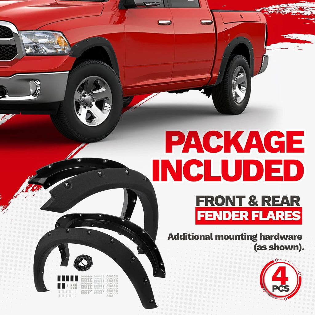 ECOTRIC Fender Flares Compatible with 2009-2010 Dodge Ram 1500/2011-2018 Ram 1500/2019-2023 Ram 1500 Classic Fleetside, Truck Wheel Flares Wheel Cover Textured Black Rivet Style 4Pcs