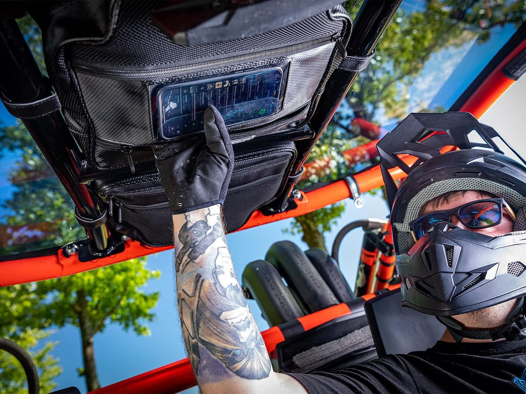 SuperATV UTV Water-Resistant Overhead Storage Bag Compatible With CanAm Maverick X3 (See Fitment) - 2 compartments | Clear Phone Window | Easily Installs with Hook and Loop Straps