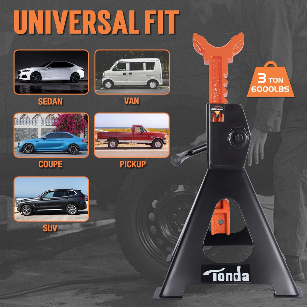TONDA Jack Stands 3 Ton, Extra Tall Heavy Duty, Black, 1 Pair | 13.39“-21.06” Adjustable Height, For SUV, MPV and UTV/ATV, Self-locking Ratcheting,