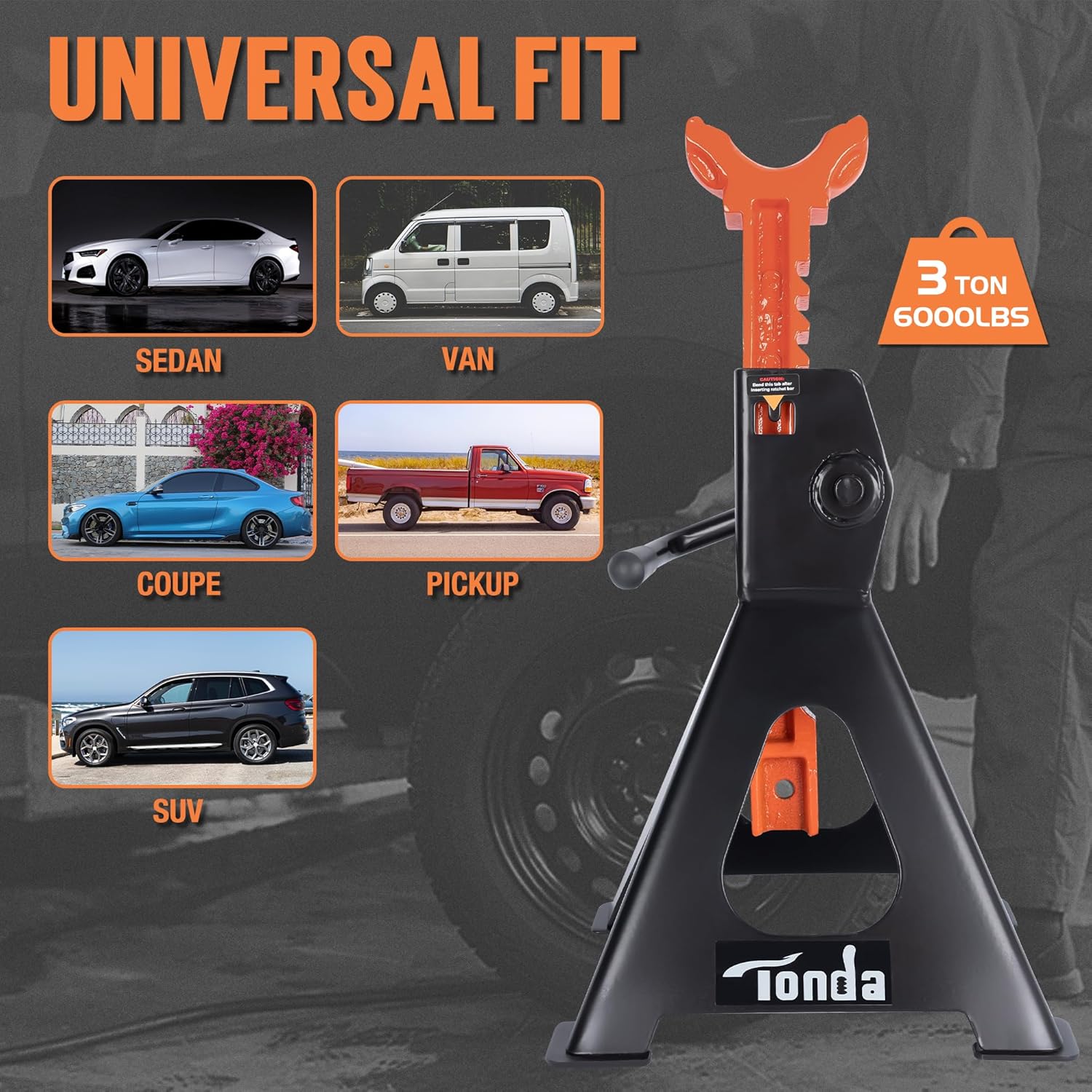 TONDA Jack Stands 3 Ton, Extra Tall Heavy Duty, Black, 1 Pair | 13.39“-21.06” Adjustable Height, For SUV, MPV and UTV/ATV, Self-locking Ratcheting,