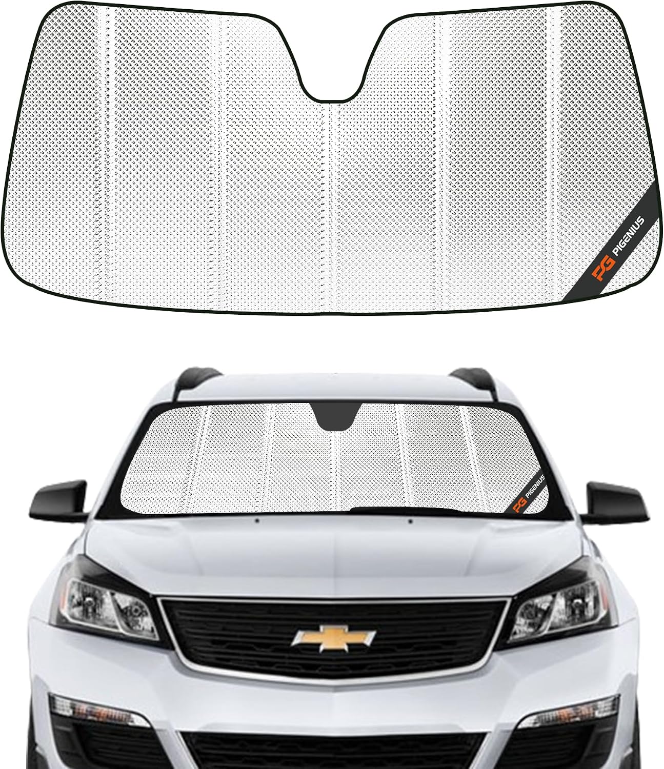 Pigenius Windshield Sun Shade for Chevrolet Traverse 2013-2017, GMC Acadia 2013-2016, Acadia Limited 2017. Reflective Aluminum Film Front Window Sunshade - BLAZBLOCK