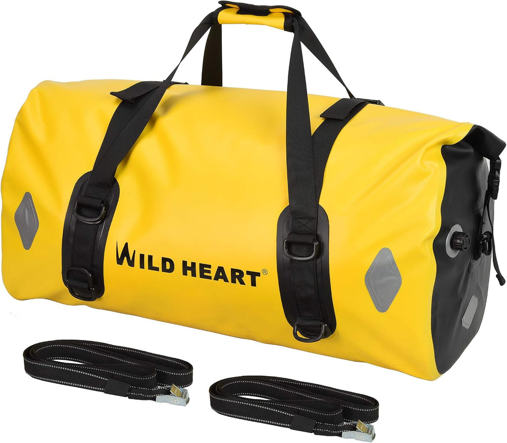 WILD HEART Waterproof Bag 55L 66L 77L Motorcycle Dry Duffel Bag for Travel,Motorcycling, Cycling,Hiking,Camping (77L, Yellow)