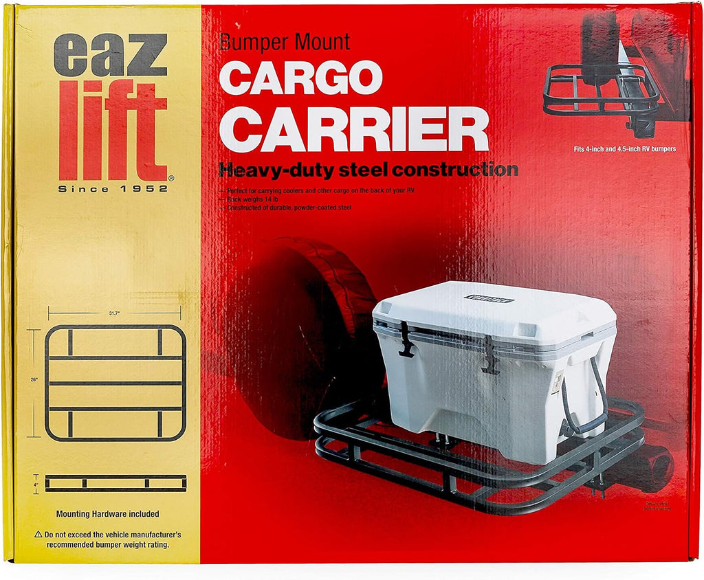Eaz-Lift RV Bumper Mounted Cargo Carrier, Steel Hitch Rack for Coolers, Camping Equipment, & Gear, Fits 4" & 4.5" Bumpers, Black