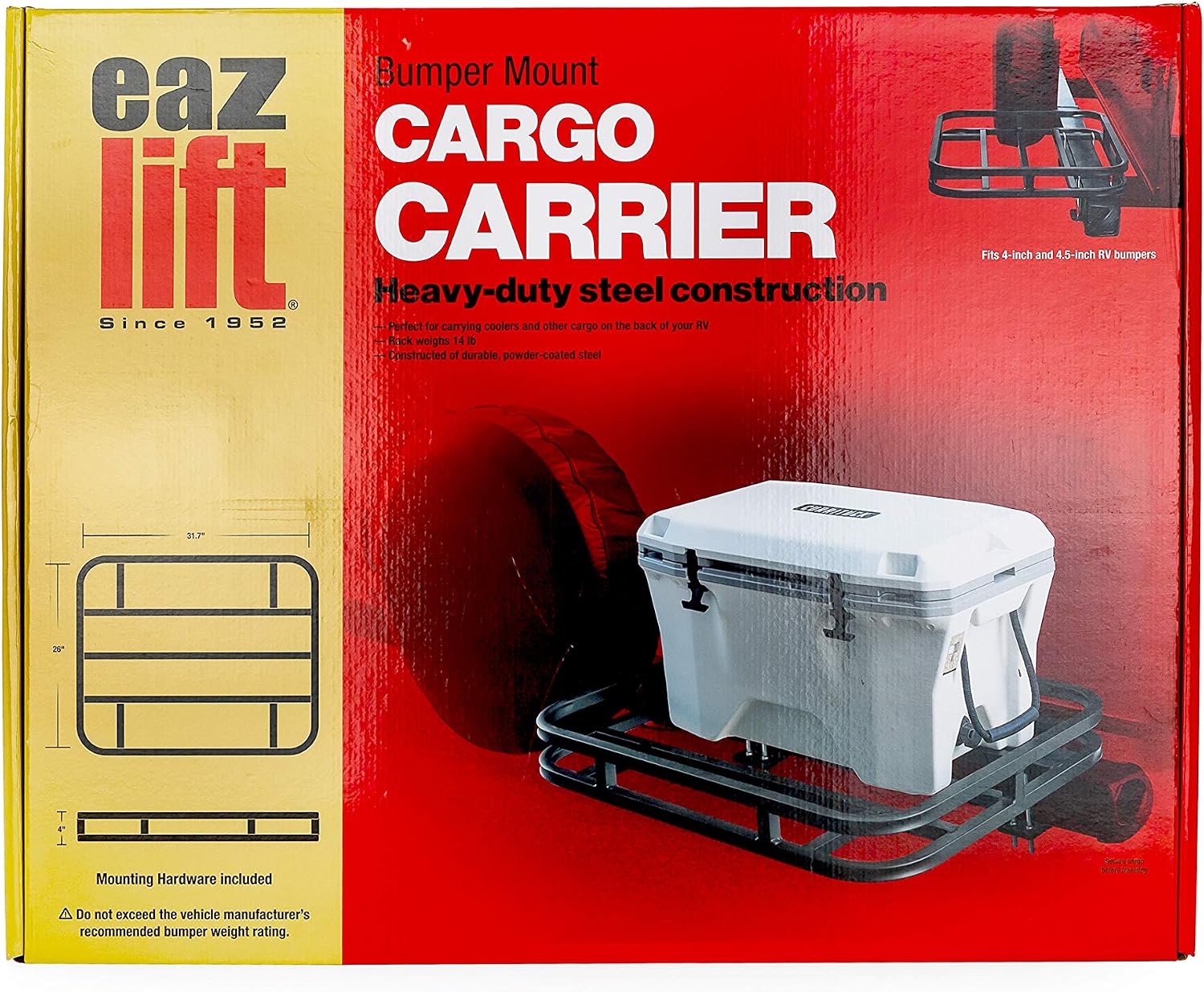 Eaz-Lift RV Bumper Mounted Cargo Carrier, Steel Hitch Rack for Coolers, Camping Equipment, & Gear, Fits 4" & 4.5" Bumpers, Black