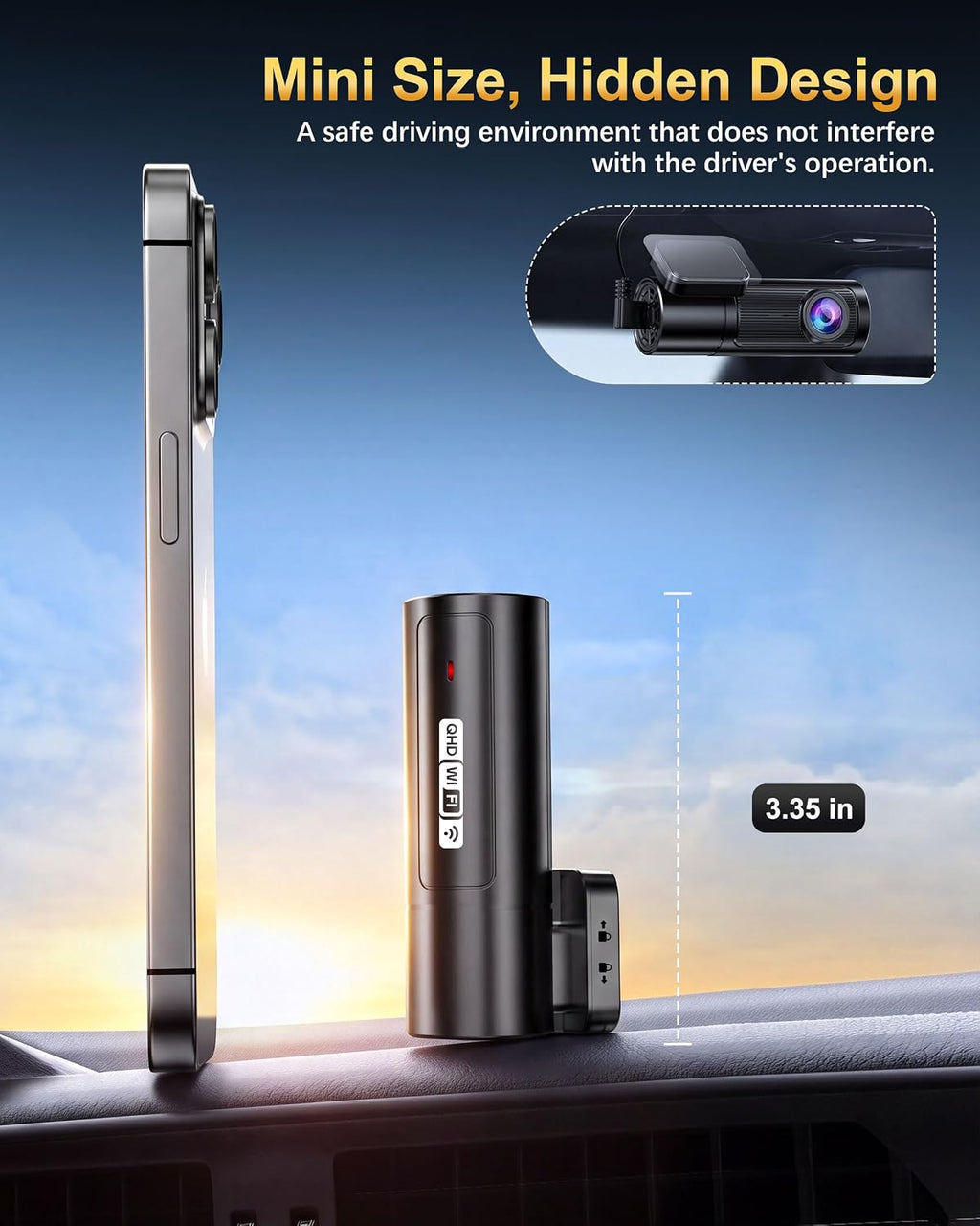 2.5k dash cam front, 64gb card included, mini, side view