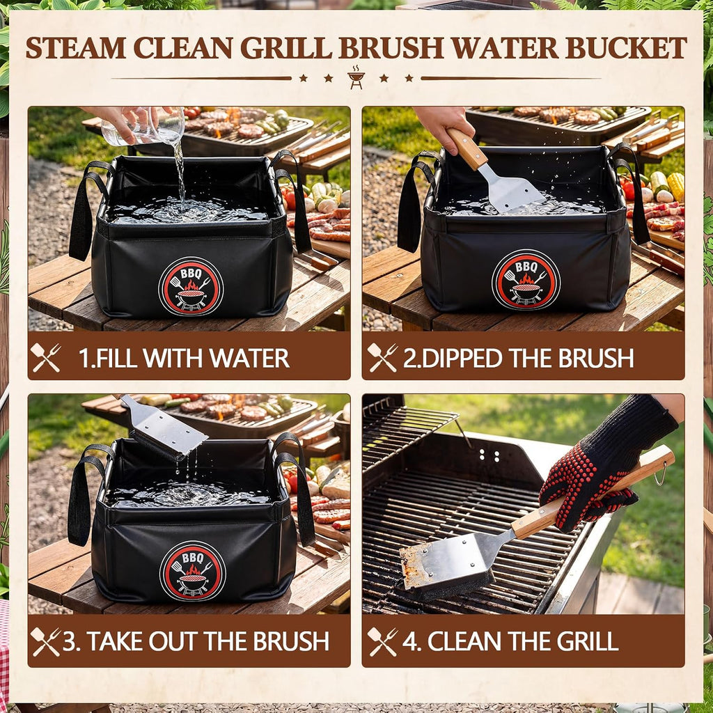 Mifoci Black 15L Grill Brush Water Bucket Dunk Tank, Large Capacity Square Foldable Collapsible Cleaning Bucket with Support Frame for BBQ Grill Tool Cleaning, Camping and Outdoor Use