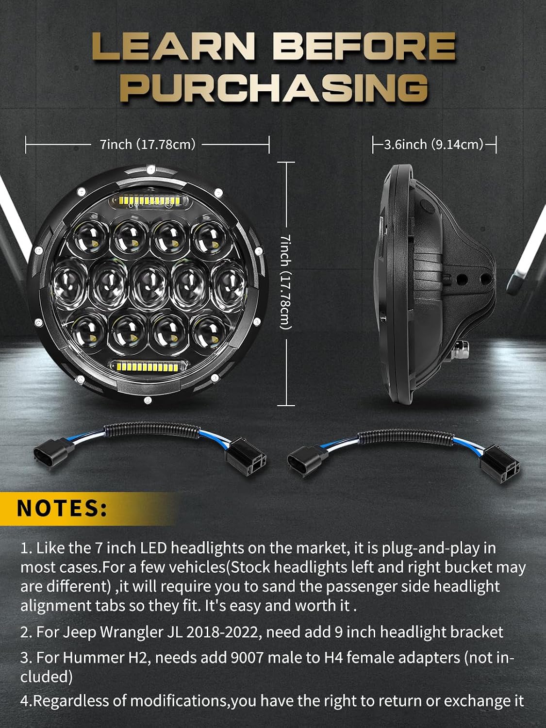 7 Inch Led Headlight Round H6024 Led Headlight DOT Approved Hi/Lo Beam DRL Black Headlights Compatible With Jeep Wrangler JK JKU TJ LJ CJ Compatible With Chevy,Ford and Mazda Miata etc