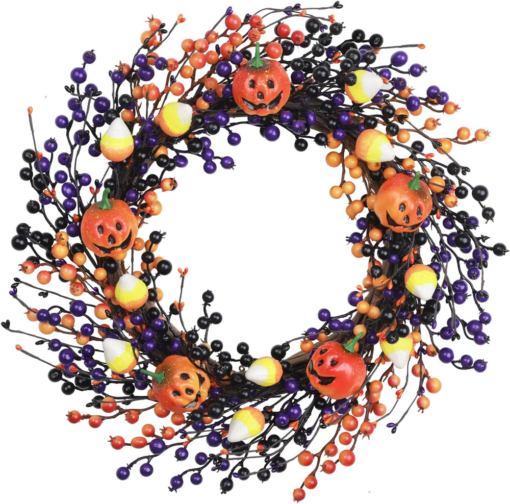 20" Halloween Wreaths for Front Door with Jack-o'-Lanterns and Candy