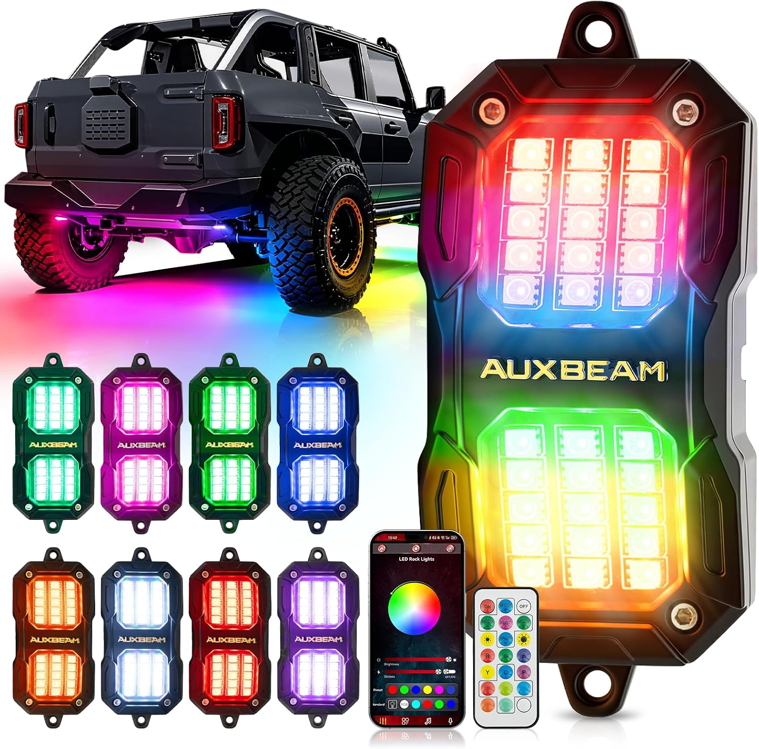 Auxbeam 8-Pod RGB LED Rock Lights w/Brake Mode 217°Dual-Side Lighting Underglow Kit w/Bluetooth APP & Remote Control Music Voice Sync Waterproof Wheel Well Lights for Trucks Offroad RV 2 Year Warranty