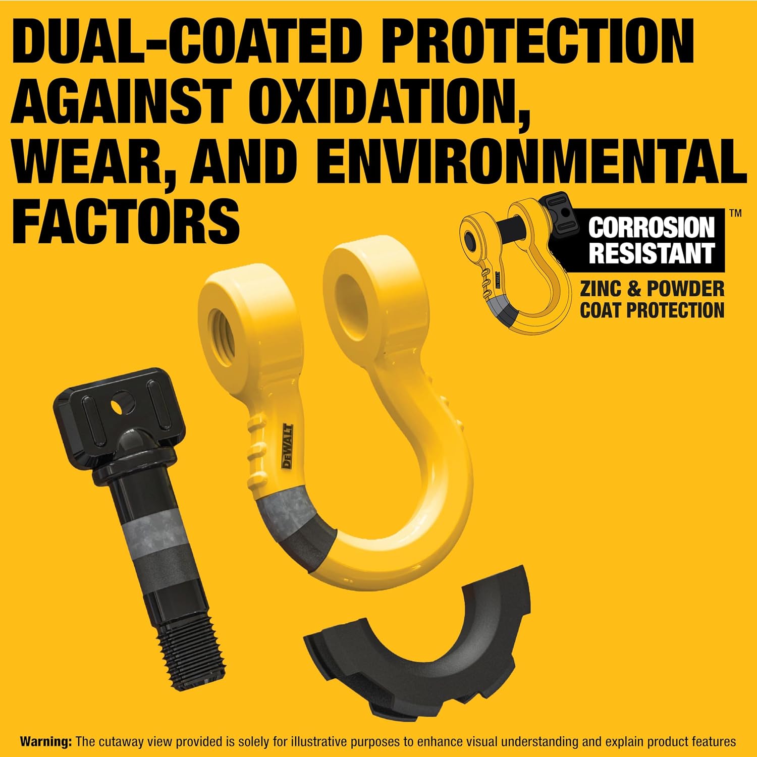 DEWALT DXBC8000 Black/Yellow 3/4" Bow Shackle with 7/8" Pin (10,400 lb Work Strength) - Towing, Winching, Vehicle Recovery