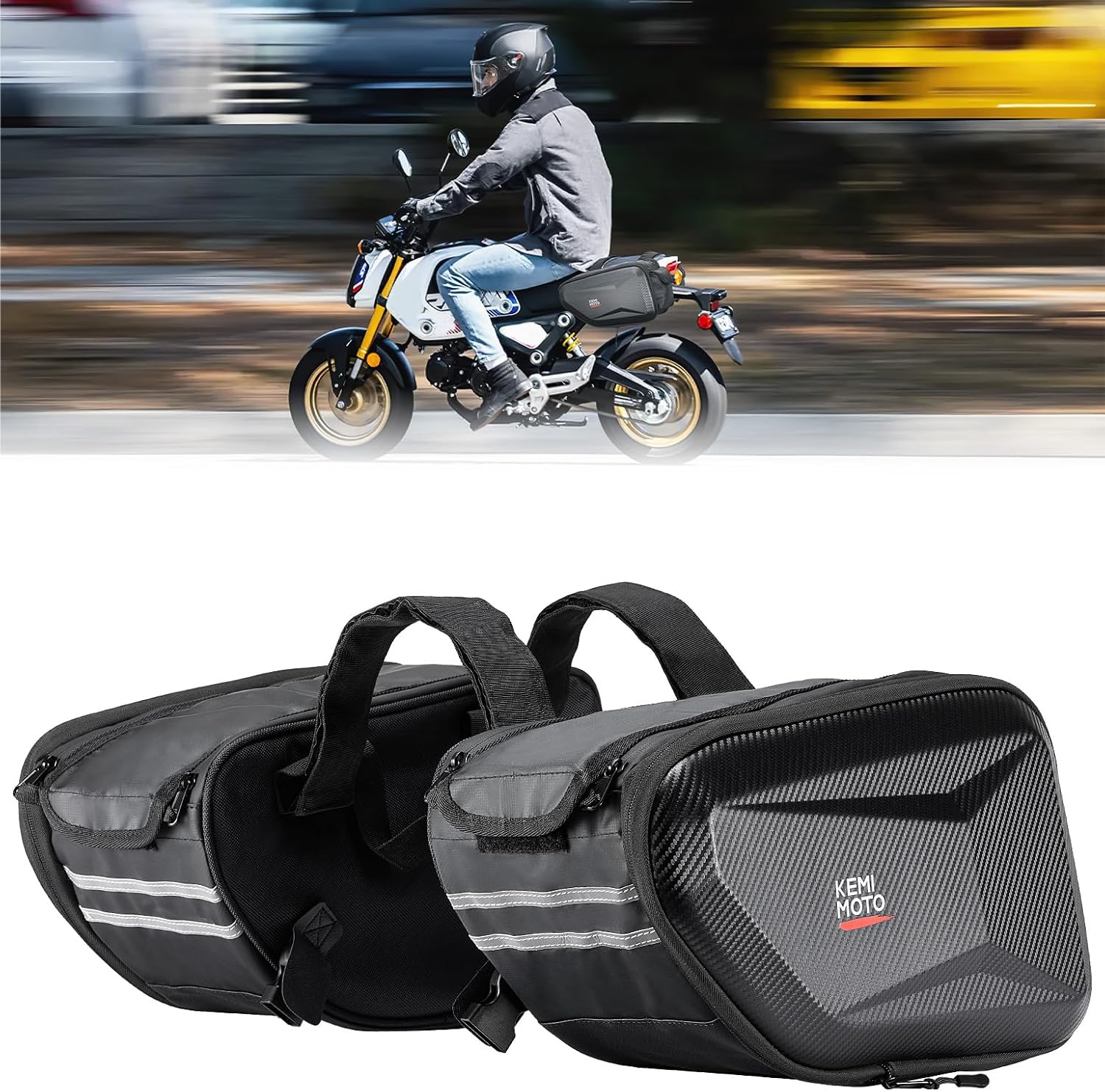 KEMIMOTO Motorcycle Saddlebags Expandable 20-30L Eva Hard Side Bag Compatible with Ninja500 400 Grom 2022-2025 Navi Z125 Dirt Bike Dual Sport Mini Motorcross Motorbike 30L