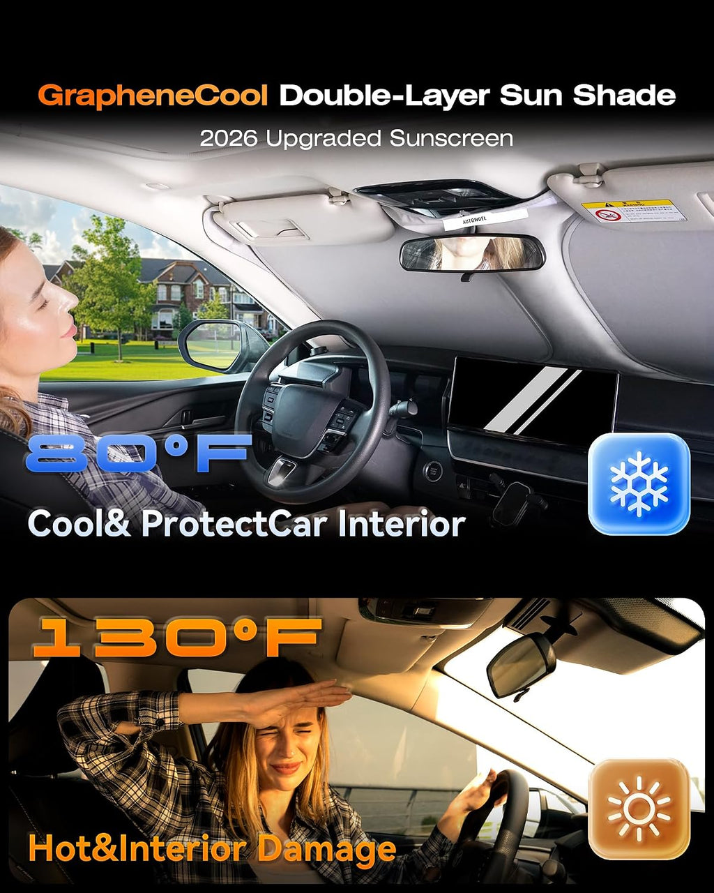 Graphene Dual-Layer Windshield Sun Shade for Car, Cooling Heat Blocker with 99% UV Protection, Foldable Front Car Windshield Shade for Cars Trucks SUVs, Odor-Free Car Windshield Sunshade 64"x 32"