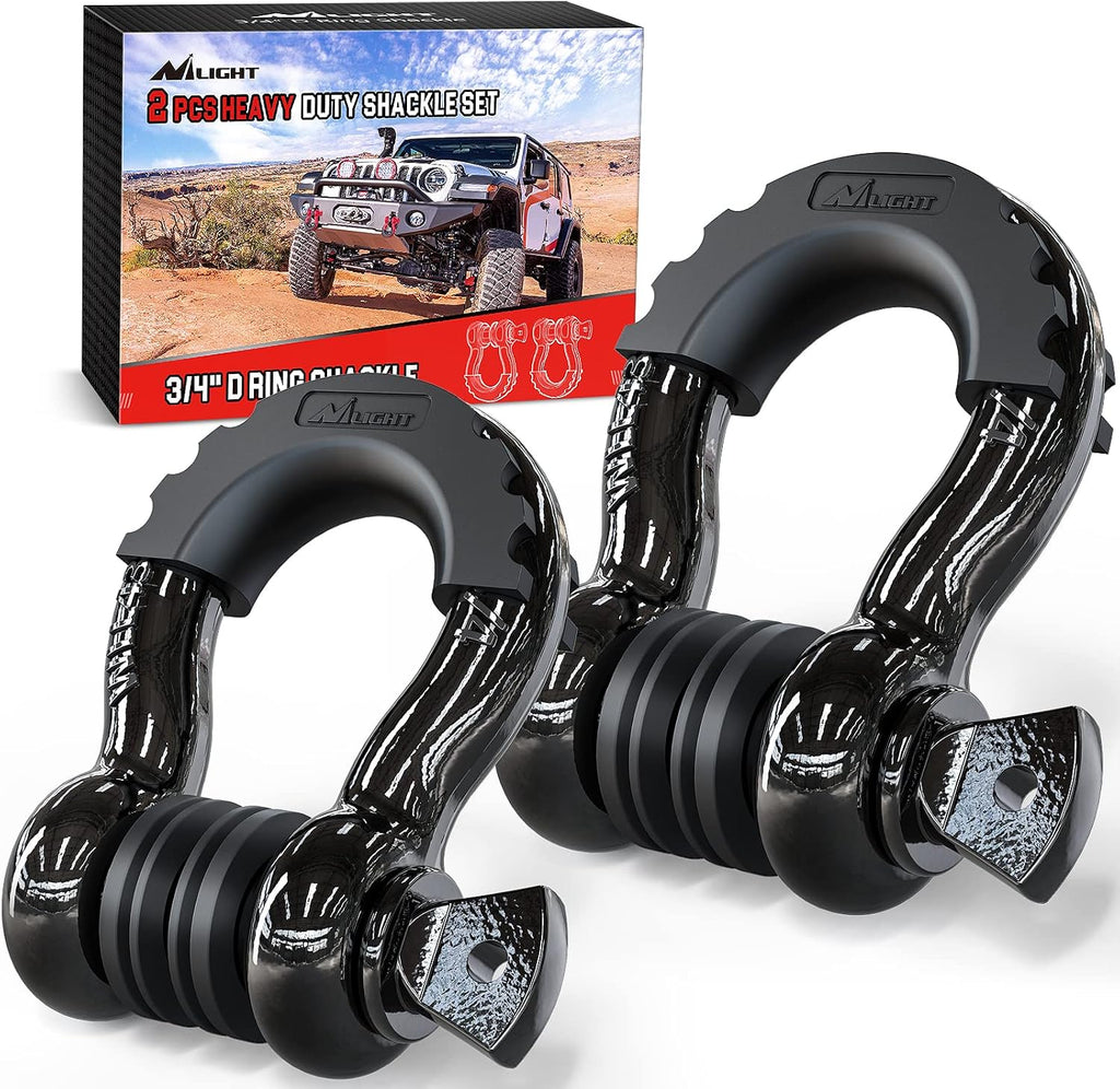 Nilight - 90052B 2 Pack 3/4" D-Ring Shackle 4.75 Ton (9500 Lbs) Capacity with 7/8" Pin Heavy Duty Off Road Recovery Shackle with Isolators & Washer Kit for Jeep Truck Vehicle , Black