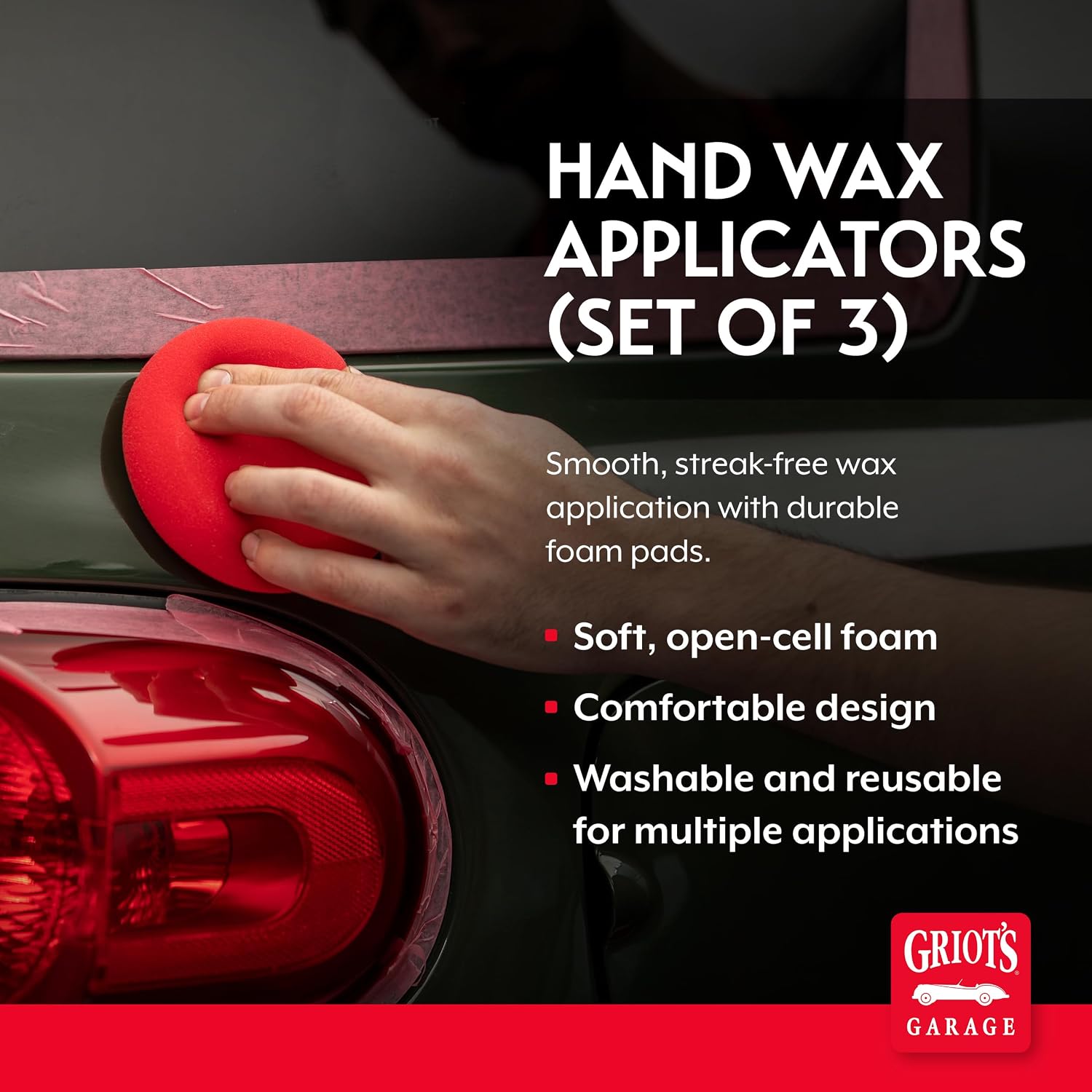 Griot's Garage Hand Wax Applicators, Foam Car Detailing Pads for Smooth Application of Waxes, Polishes, Dressing, Protectants, and More, Machine-Washable and Reusable, Red, Set of 3
