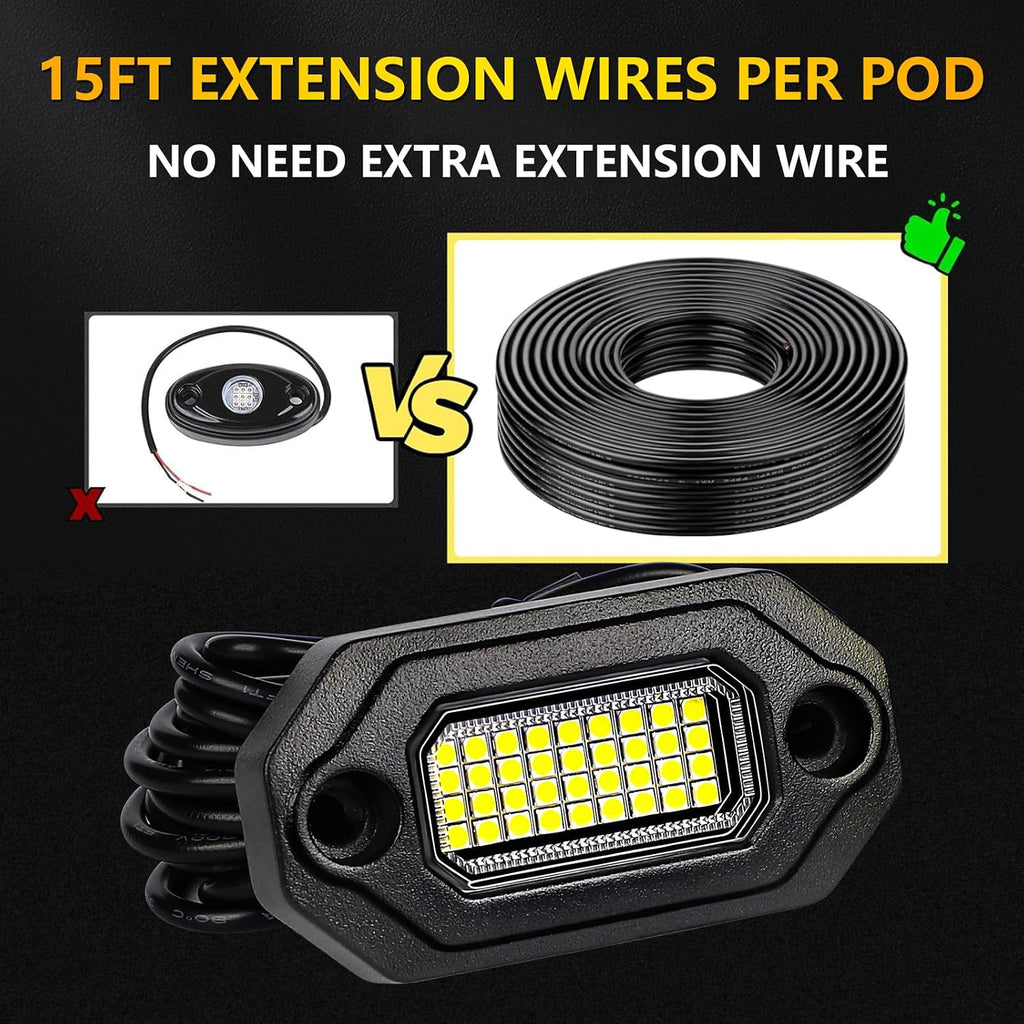12 Pods Pure White LED Rock Lights and 6500K Super Bright, Aluminum Housing, Each Light with a 15FT Wire,432Chips IP68 Waterproof for Trucks Pickup SUV UTV ATV RZR Car Boats