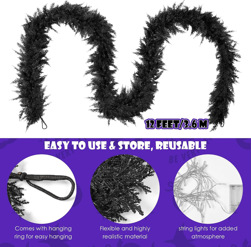 Fovths 12 Ft Pre‑Lit Black Halloween Garland, Artificial Cedar Vine Decor