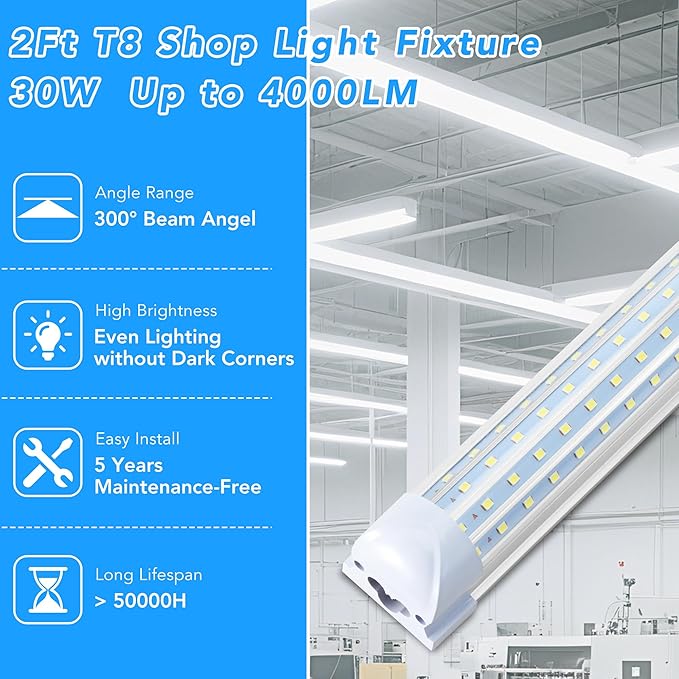 2 Pack 2FT T8 LED Shop Lights, 30W Integrated Tube Light, 4800LM 6000-6500K - Image 2
