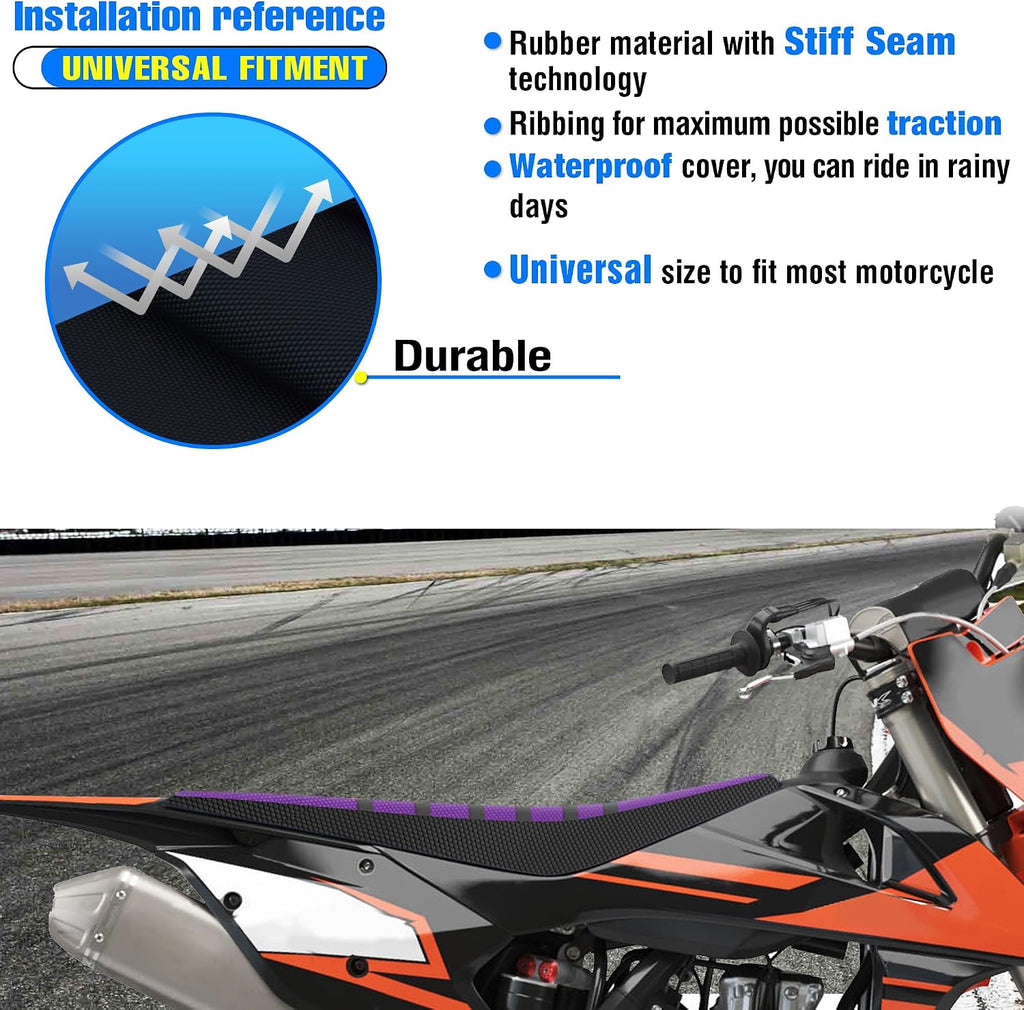 Universal Ribbed Dirt Bike Seat Cover - Gripper Soft Seat Cover for Most Dirt Pit Bike Motorcycle (Black-Purple)