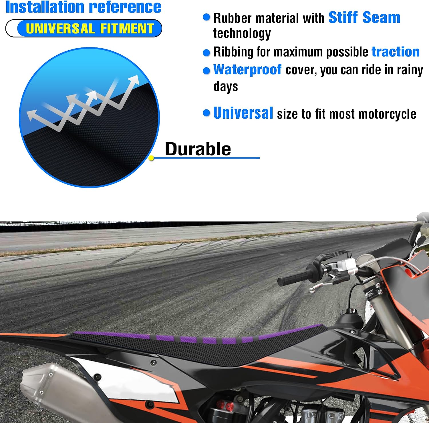 Universal Ribbed Dirt Bike Seat Cover - Gripper Soft Seat Cover for Most Dirt Pit Bike Motorcycle (Black-Purple)