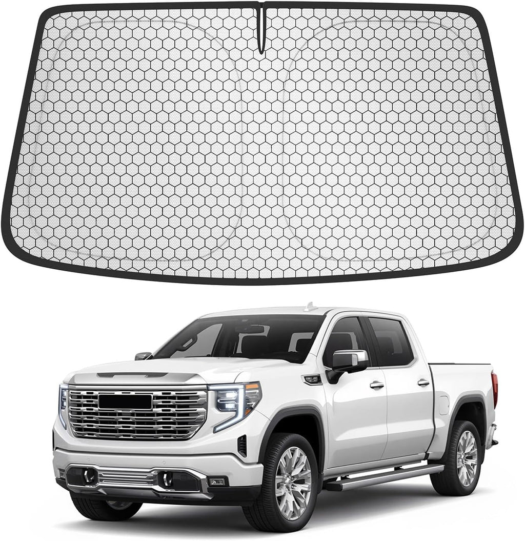 Custom Fit Windshield Sun Shade for Chevrolet Silverado & GMC Sierra 1500/2500/3500 (2019–2026), Edge-to-Edge No-Gap Fit, Blocks Heat & UV, Step Into a Cooler Truck