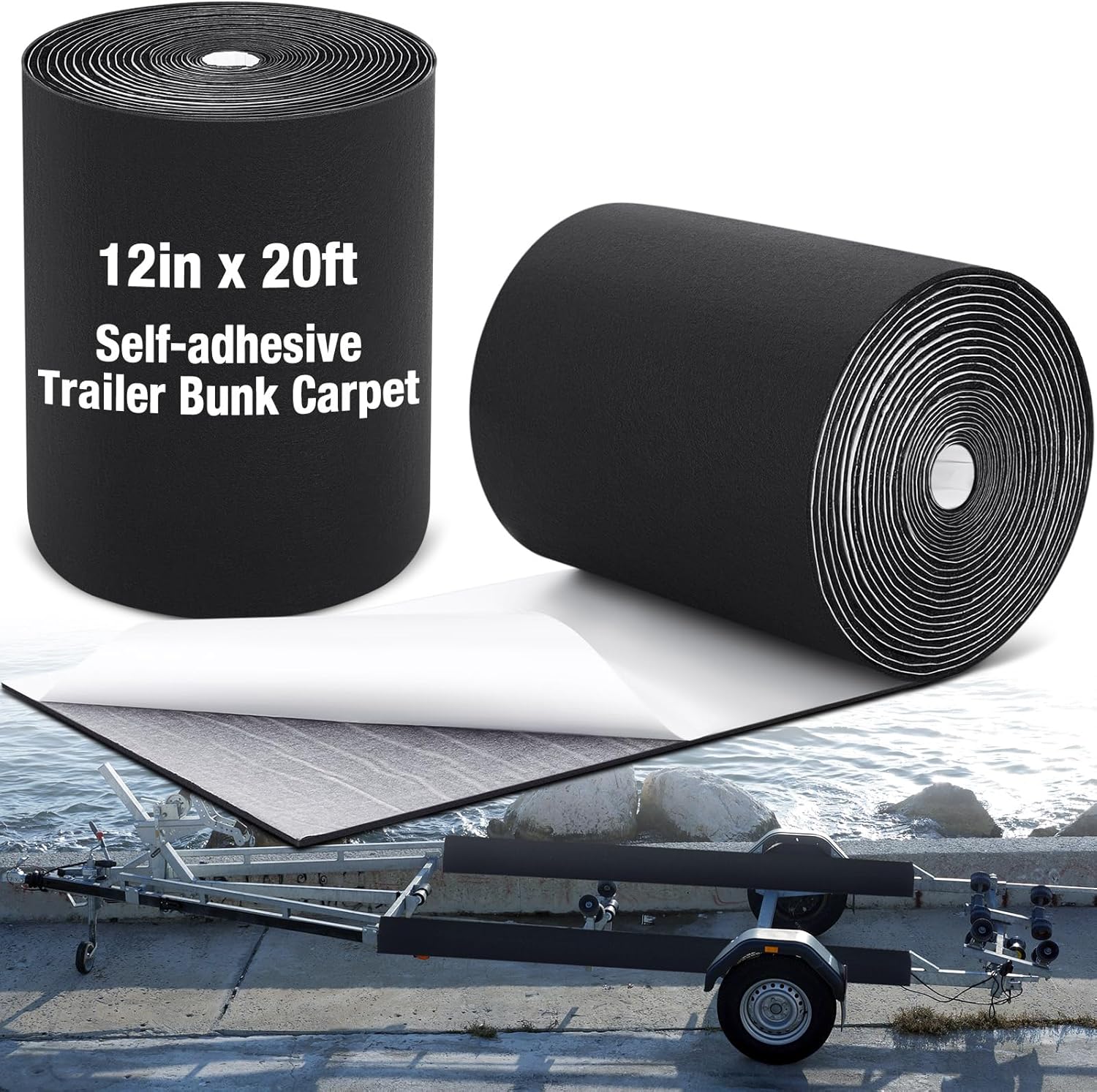 Soulchen 12in x 20ft Black Boat Trailer Bunk Carpet with Adhesive, Marine Outdoor Polyester Marine Bunk Carpet for Boats Trailers and Ramps