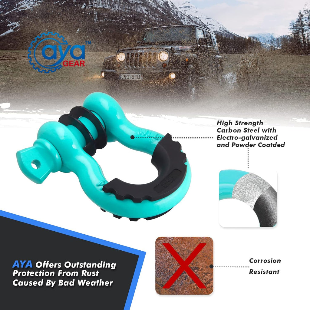 D Ring Shackle (2 Pack) 62,700 Ibs Break Strength with 7/8" Screw Pin and Shackle Isolator & Washers Kit for Tow Strap Winch, Off Road Vehicle Recovery Jeep Truck (Tiffany Blue-Black)